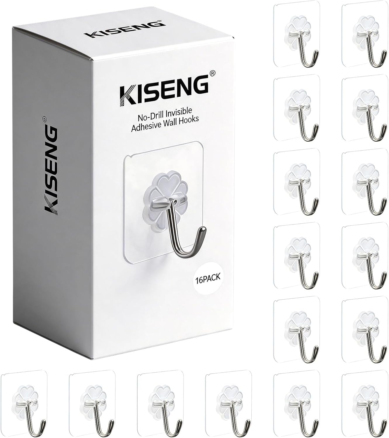 16 Pack Crystal Clear Adhesive Hooks for Hanging. Heavy Duty 22lb | Sticky Hooks. Invisible Clear Wall Hooks No Drill No Damage. Waterproof Shower Hooks for Bathroom Kitchen Towel Keys