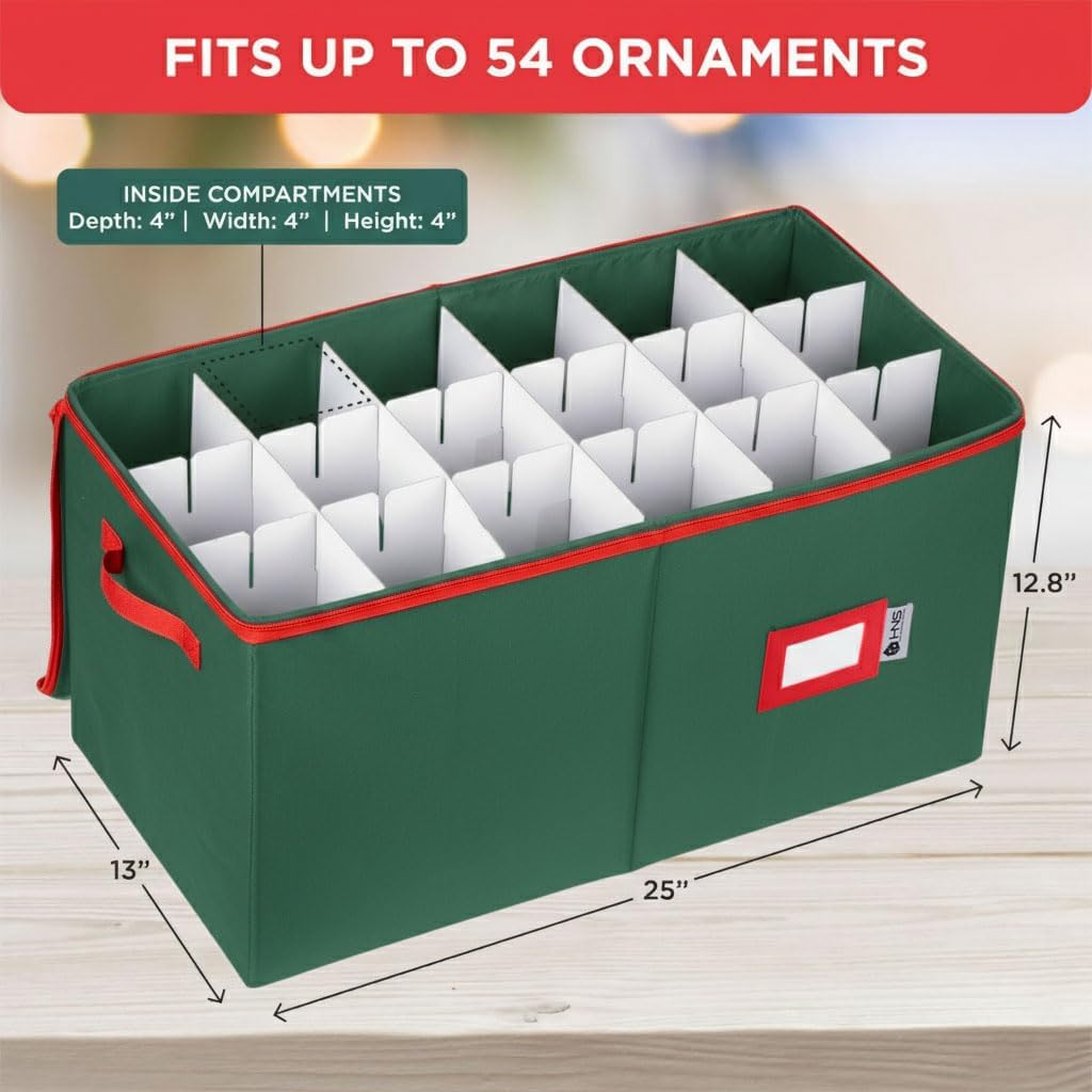 Christmas Ornament Storage Container with Dividers - Box Stores Up to 54 Ornaments. Zippered. Convenient. Adjustable. Large Organizer Bin to Protect Holiday Décor. Fits Most Standard Size. Green - Image 6