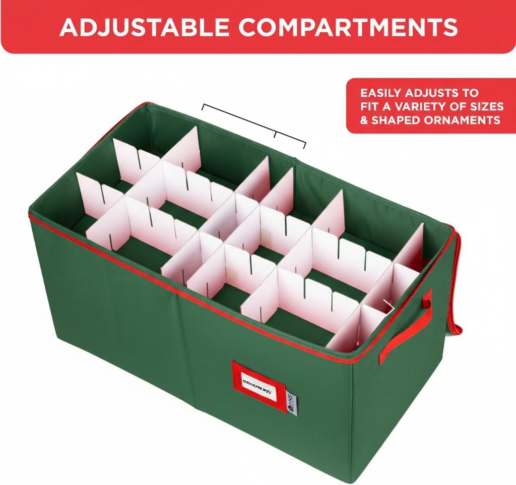 Christmas Ornament Storage Container with Dividers - Box Stores Up to 54 Ornaments. Zippered. Convenient. Adjustable. Large Organizer Bin to Protect Holiday Décor. Fits Most Standard Size. Green - Image 2