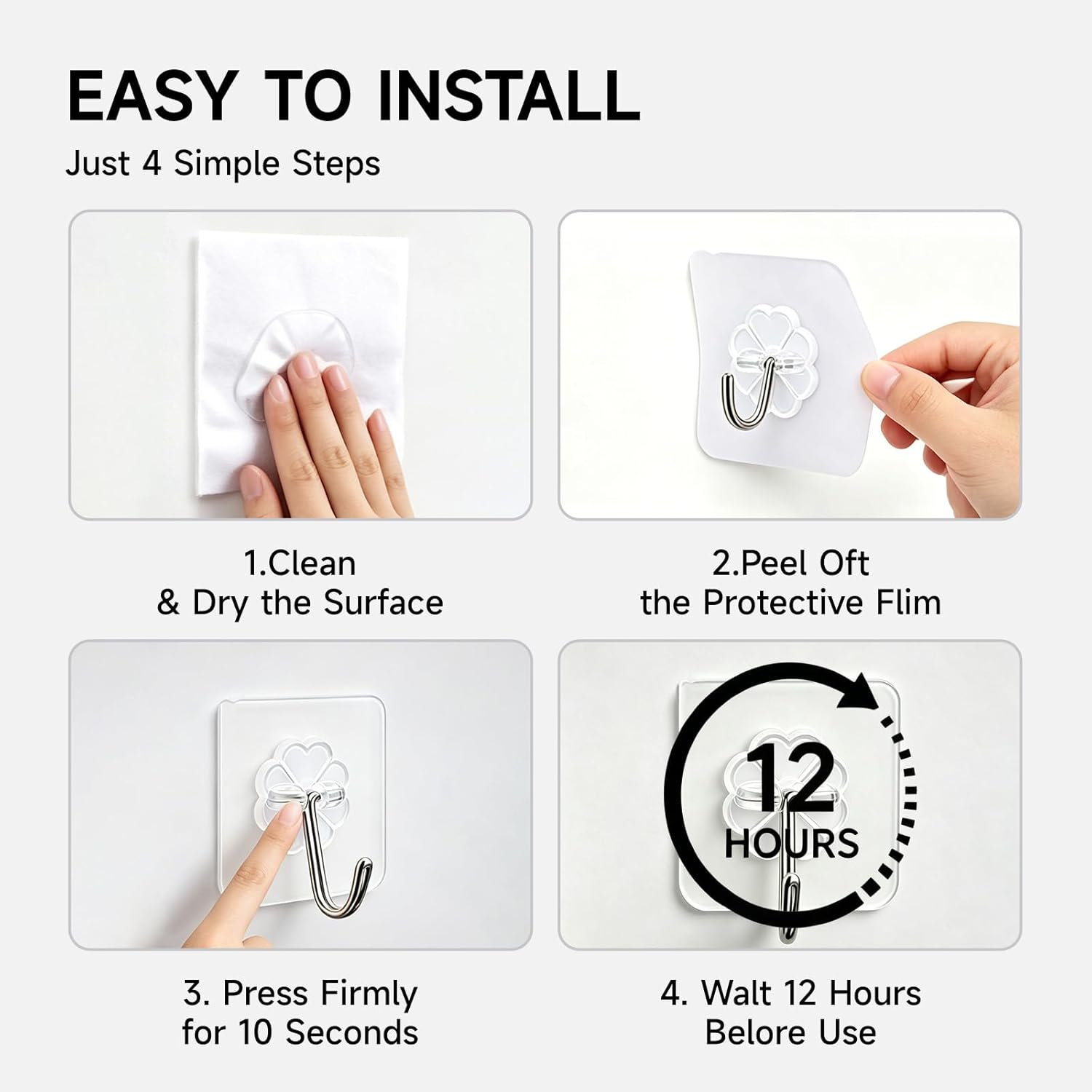16 Pack Crystal Clear Adhesive Hooks for Hanging. Heavy Duty 22lb | Sticky Hooks. Invisible Clear Wall Hooks No Drill No Damage. Waterproof Shower Hooks for Bathroom Kitchen Towel Keys - Image 6