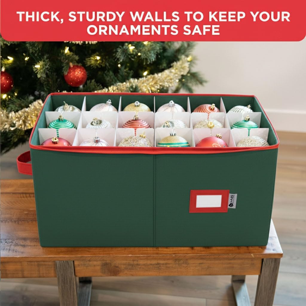 Christmas Ornament Storage Container with Dividers - Box Stores Up to 54 Ornaments. Zippered. Convenient. Adjustable. Large Organizer Bin to Protect Holiday Décor. Fits Most Standard Size. Green - Image 4