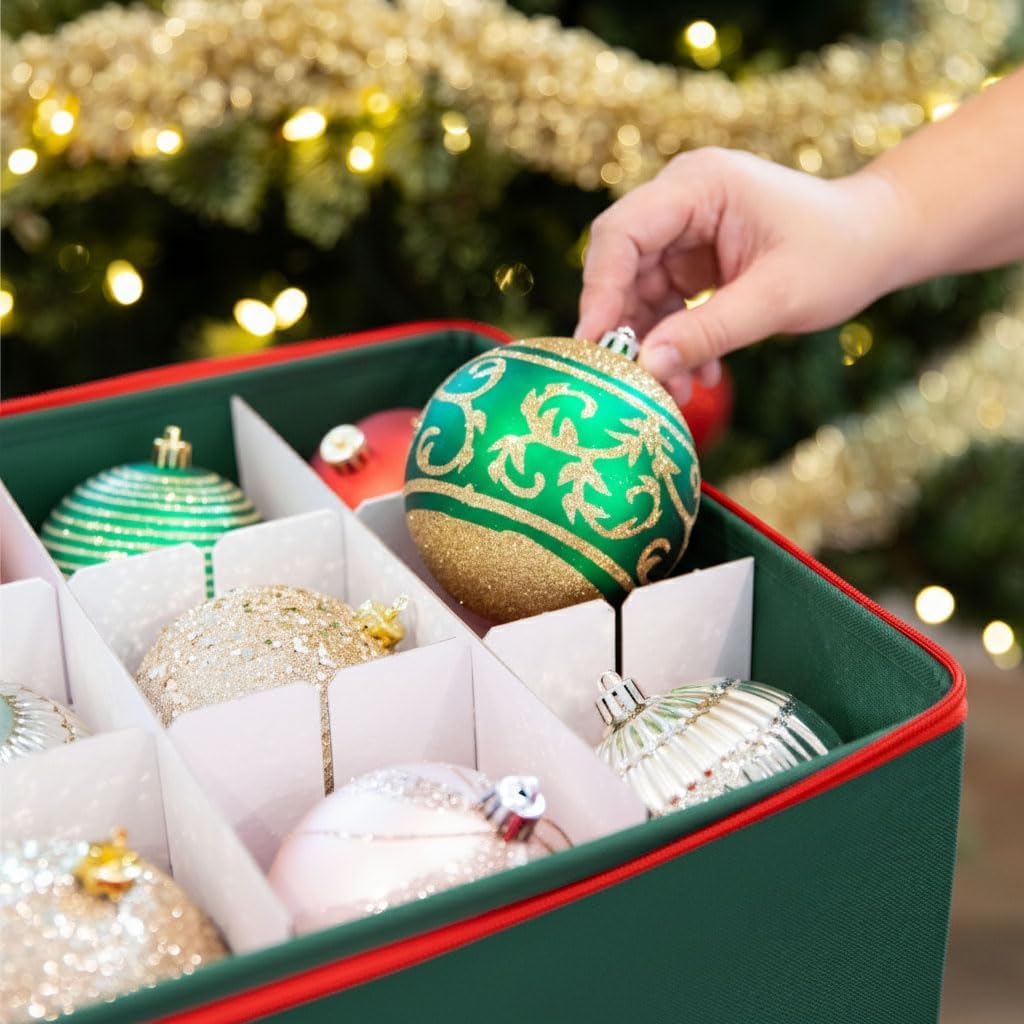 Christmas Ornament Storage Container with Dividers - Box Stores Up to 54 Ornaments. Zippered. Convenient. Adjustable. Large Organizer Bin to Protect Holiday Décor. Fits Most Standard Size. Green - Image 7