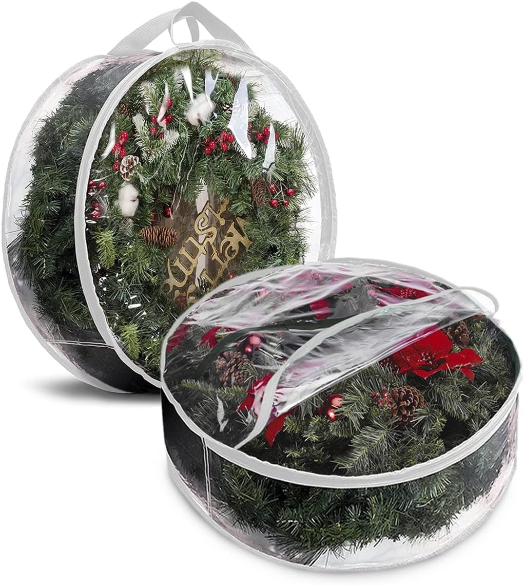 ProPik Christmas Wreath Storage Bag 36 - 2 Pack Clear Christmas Wreath Storage Container- Garland Artificial Holiday Wreath Storage Holder - Water Proof Transparent PVC with Handles (36 Inch. White)
