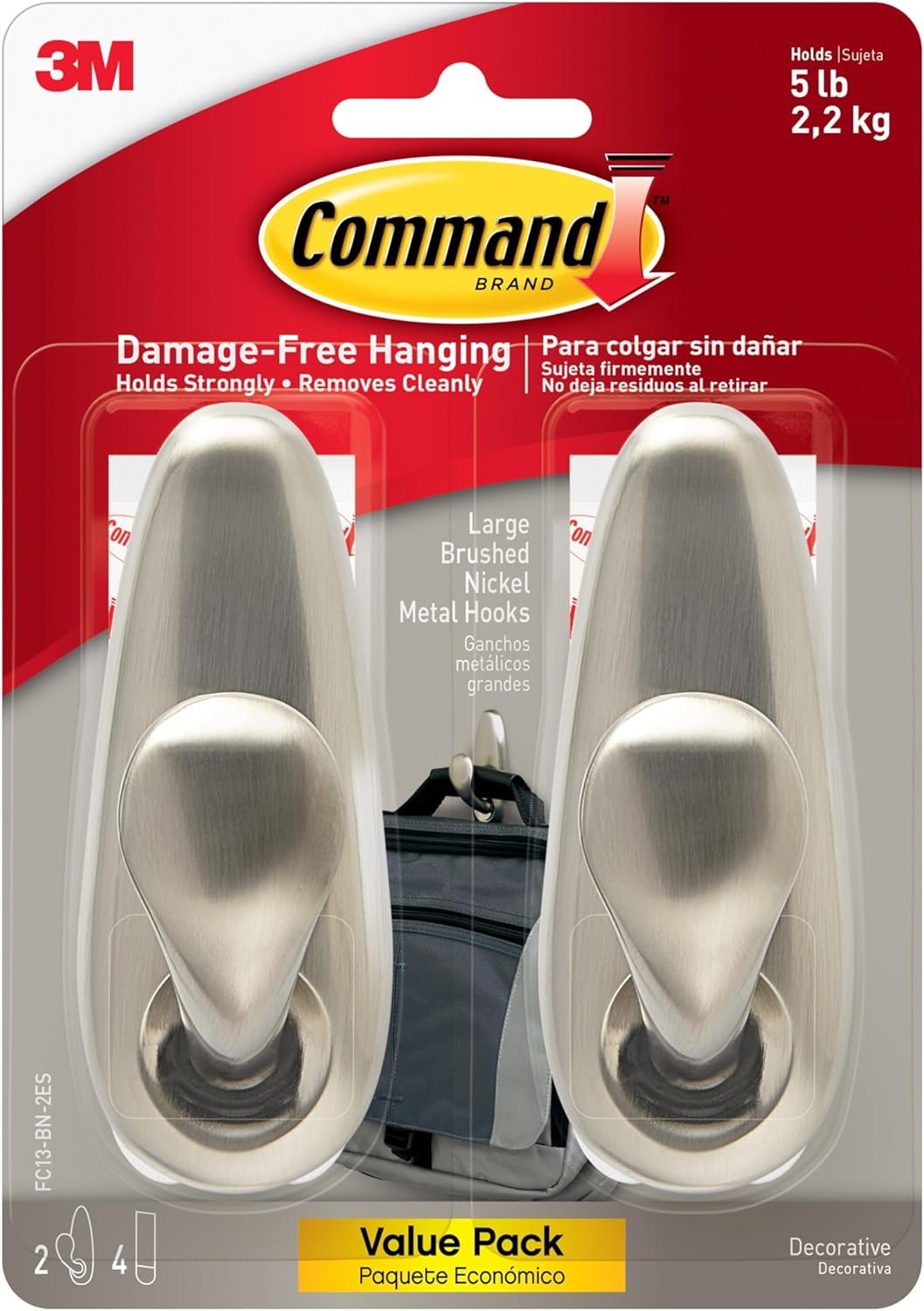 Command 5 lb Large Brushed Nickel Metal Hooks. 2 Coat Hooks and 4 Strips. Damage-Free Hanging with Adhesive. Great for Hanging Back to School Dorm Organizers
